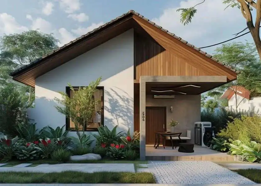 Kombinasi Modern Lantai Granit & Plafon Kayu di teras rumah sederhana tapi mewah di desa